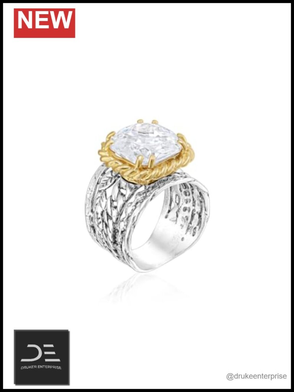 Sterling Silver Mixed Metal Round CZ Leaf Ring 14k Gold Plated Size 11